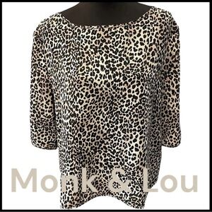 Monk & Lou Black Tan Cream Leopard Print 3/4 Sleeve Button Back Top (M)